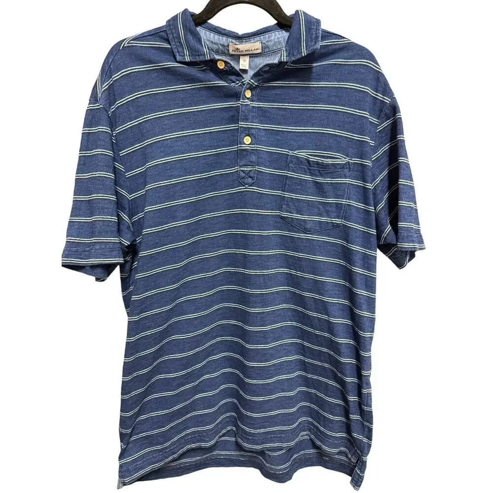 Peter Millar Blue & Denim Stripe Cotton Polo Size Medium